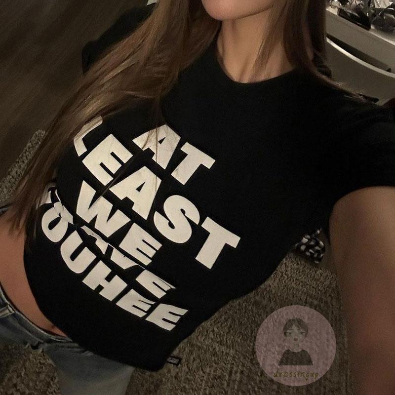 Áo Thun Nữ Ngắn Tay Cổ Tròn In Chữ Thời Trang