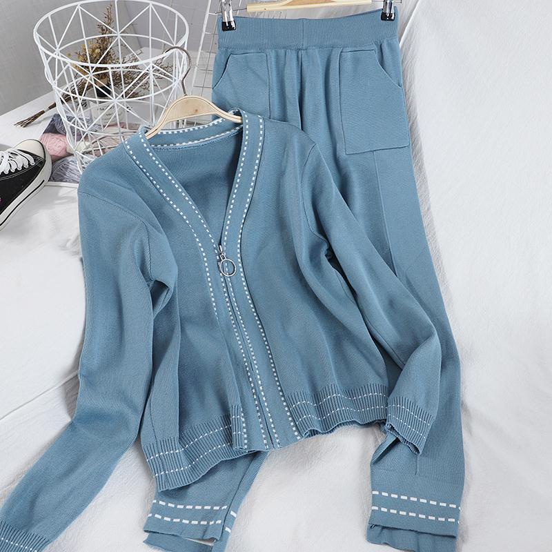 Set Áo Len Dài Tay Cổ Chữ V Khóa Kéo + Quần Dài Lưng Cao Thời Trang Nữ