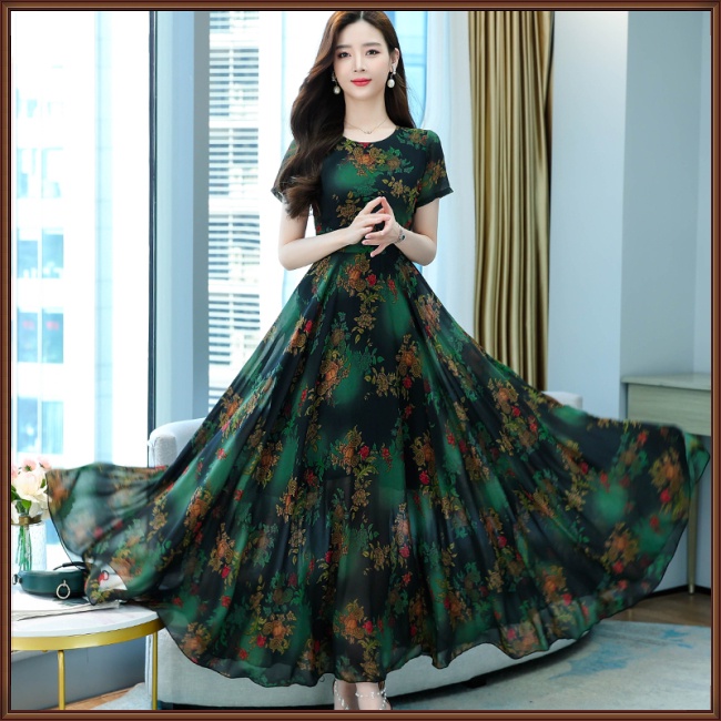 Đầm Midi Tay Ngắn Cổ Tròn Dáng Chữ A in Họa Tiết Hoa Thời Trang Xinh Xắn Cho Nữ