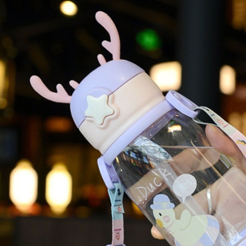 Bình Nước Hình Sừng Hươu Hoạt Hình Siêu Dễ Thương Di Động Có Thể Tái Sử Dụng Kèm Ống Hút Cho Hoạt Động Thể Thao