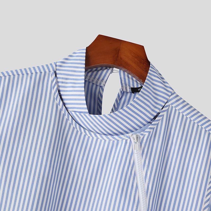 Áo kiểu INCERUN tay ngắn họa tiết kẻ sọc họa tiết phong cảnh thời trang cho nam