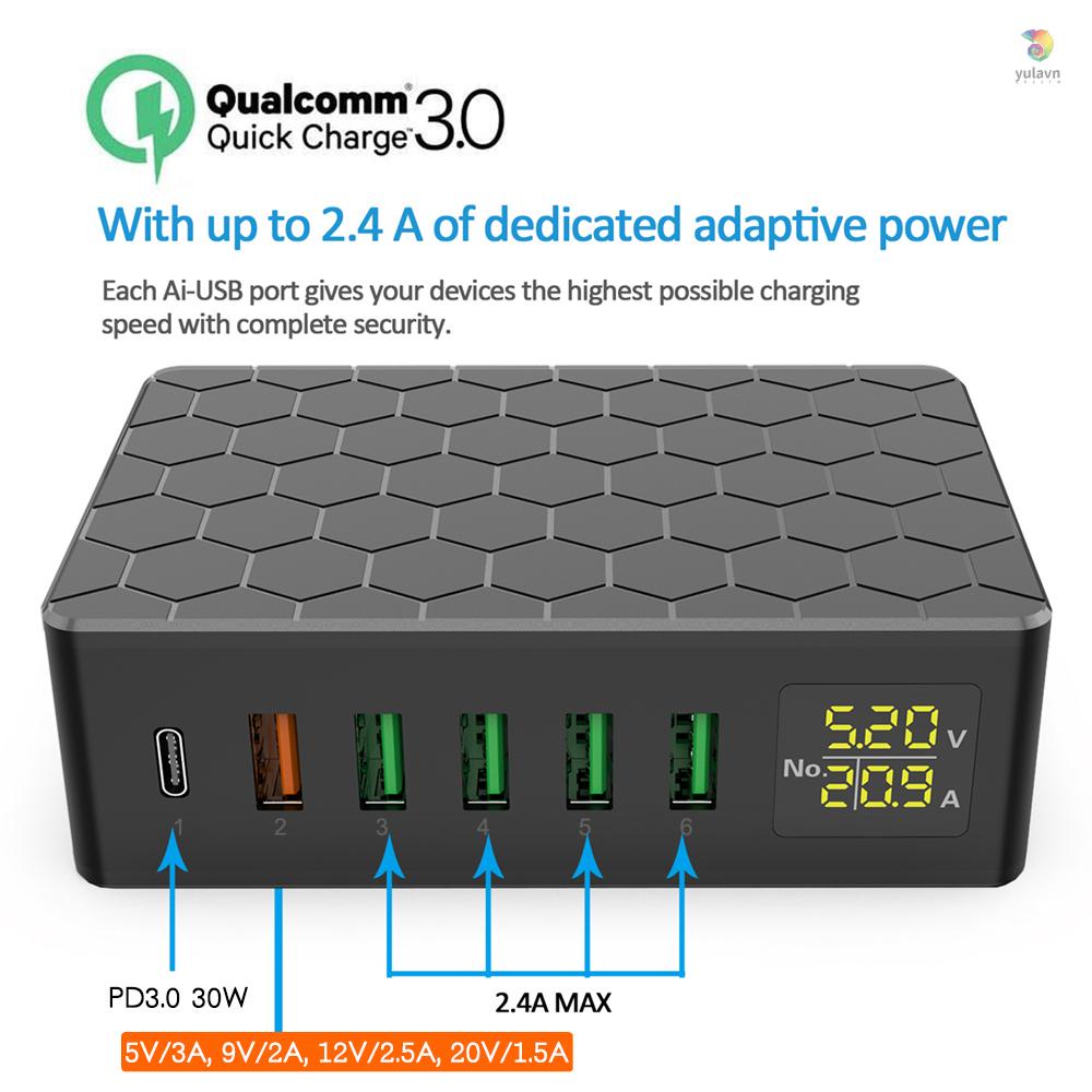 Trạm Sạc USB-A 6 Cổng 65W QC3.0 Nhiều Cổng Có Màn Hình LED Cho Các Thiết Bị Để Bàn