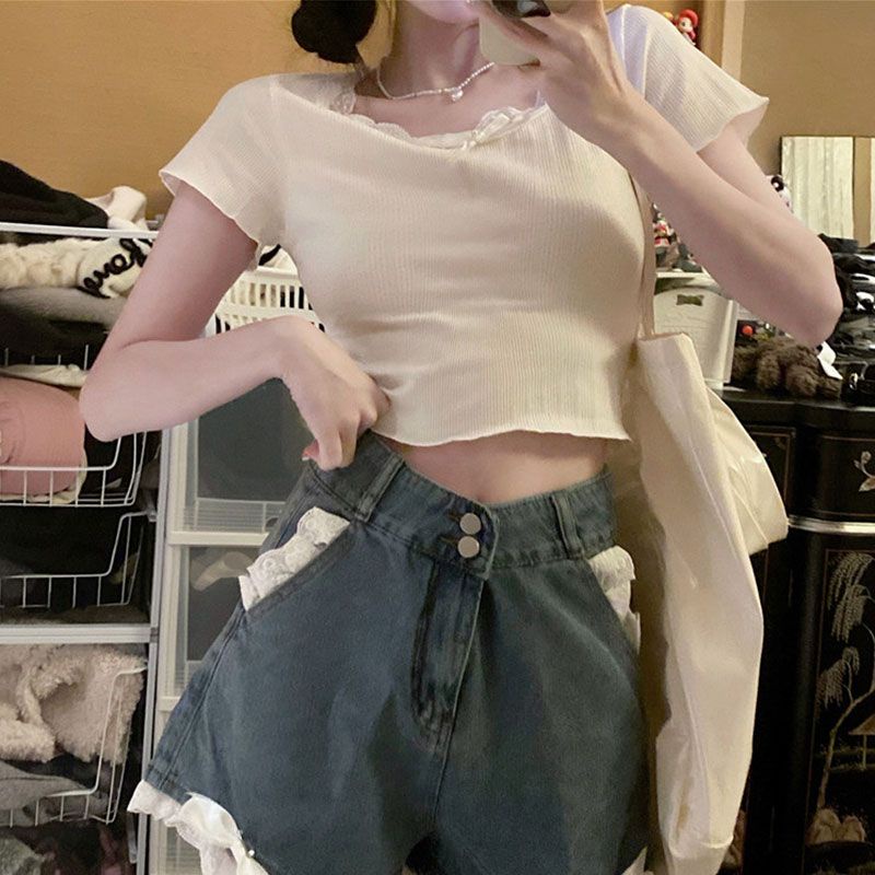 Áo Thun Tay Ngắn Dáng Ôm Phối Ren Thời Trang Mùa Hè Xinh Xắn Cho Nữ