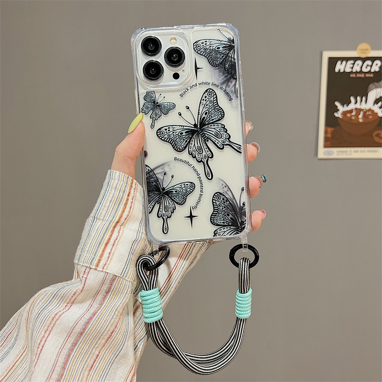 Ốp Điện Thoại Silicone tpu Mềm Trong Suốt Chống Sốc In Hình Bướm Đơn Giản Có Dây Đeo Cho iphone 12 14 13 11 Pro Max