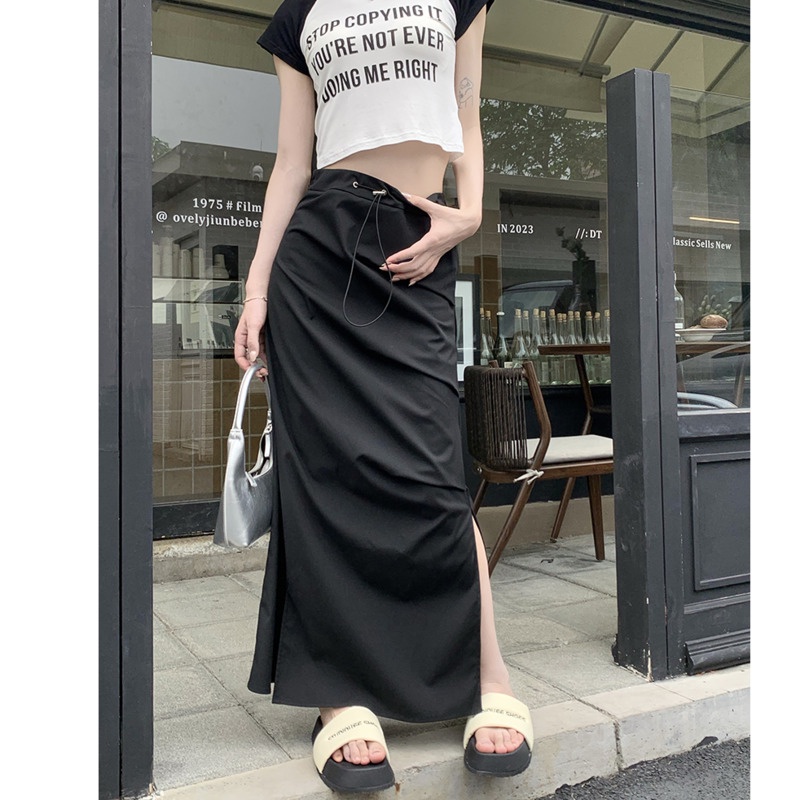 Chân Váy Chữ a Lưng Cao Xếp Ly RENJIANVSHENG Màu Trơn Phong Cách Retro