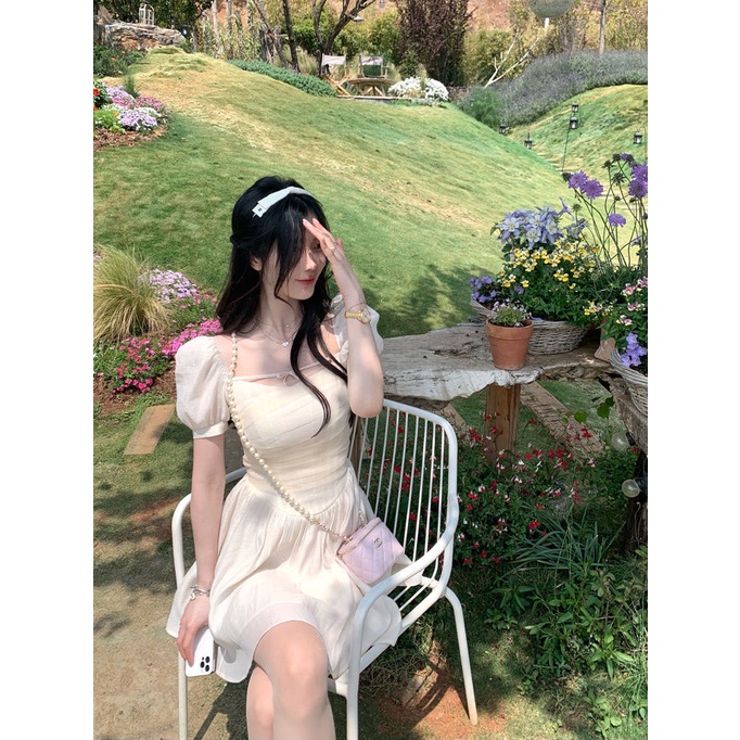 COZOK Đầm Tay Ngắn Chiết Eo Thời Trang Thanh Lịch Cho Nữ