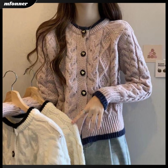 Áo Cardigan Dệt Kim Tay Dài Cổ Tròn Màu Sắc Tương Phản Thời Trang Cho Nữ