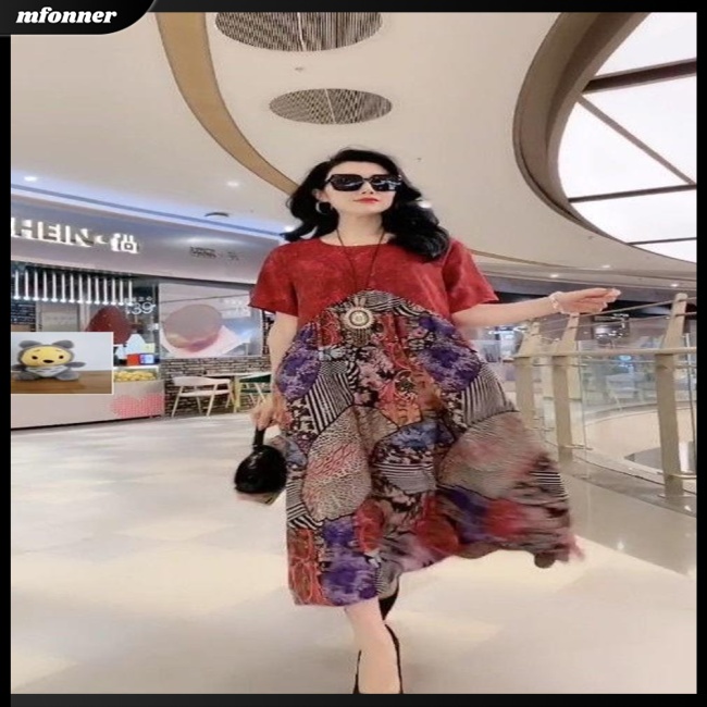 Đầm Dáng Chữ A Tay Ngắn Cổ Tròn Dáng Rộng In Họa Tiết Thổ Cẩm Kiểu Retro Thời Trang Cho Bạn Gái