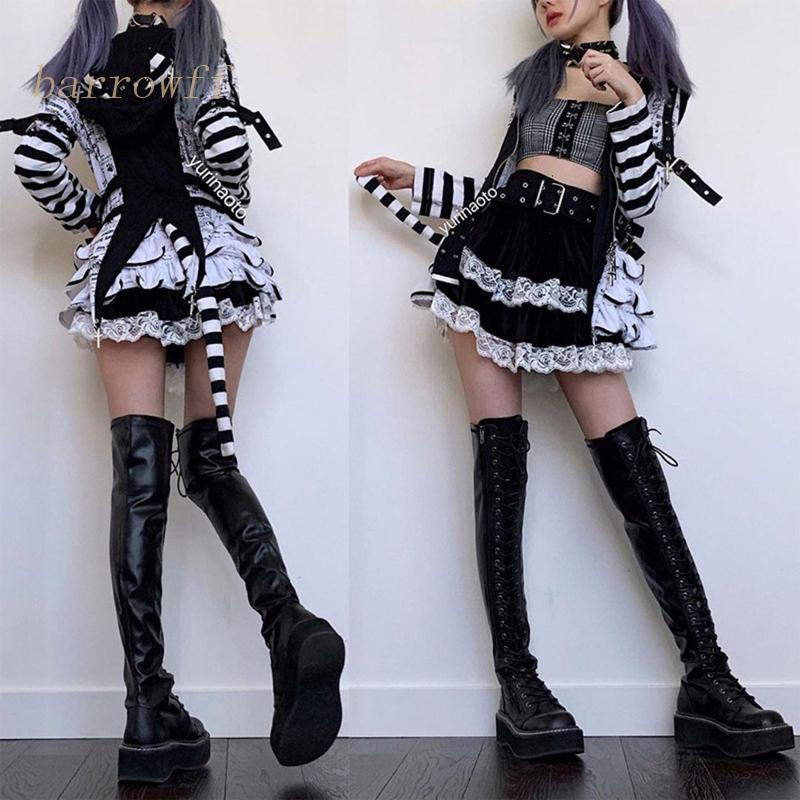 Brroa Chân Váy Nhung Xếp Ly Mini Lưng Cao Viền Ren Hai Lớp Phong Cách Gothic Punk Harajuku Cho Nữ