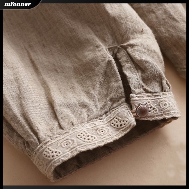 Áo Kiểu Cotton Lanh Tay Dài Cổ Tròn Màu Sắc Đơn Giản Cho Nữ