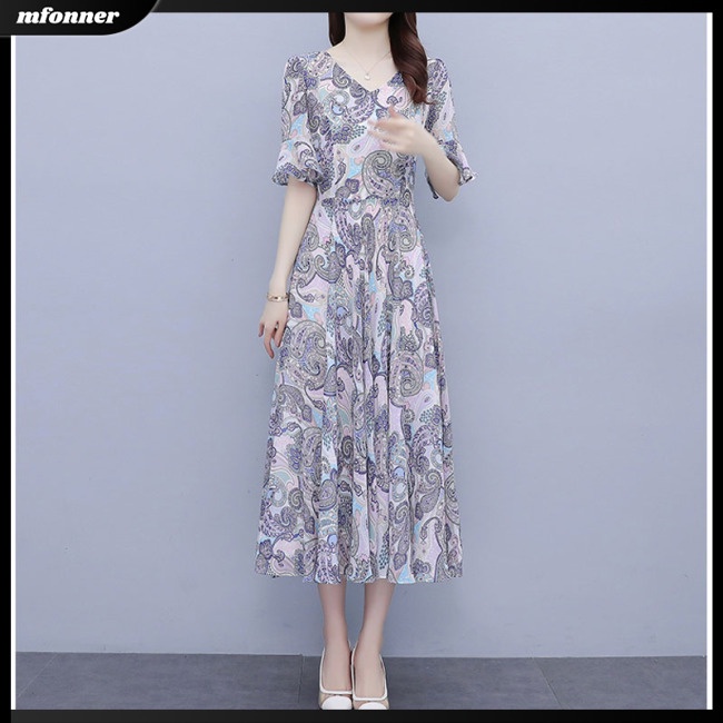 Đầm Midi Tay Ngắn Cổ Chữ V Vải Lụa Lạnh In Hoa Eo Thun Thời Trang Mùa Hè Cho Bạn Gái