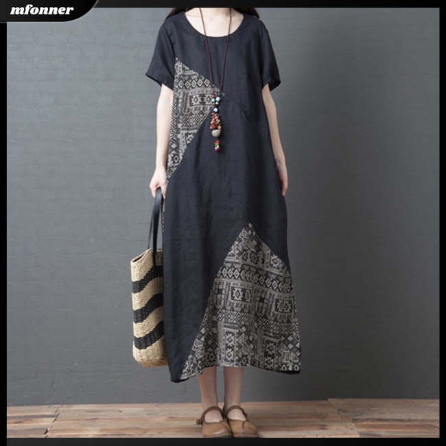 Đầm Cotton Lanh Cổ Tròn Tay Ngắn In Họa Tiết Thời Trang Cho Nữ