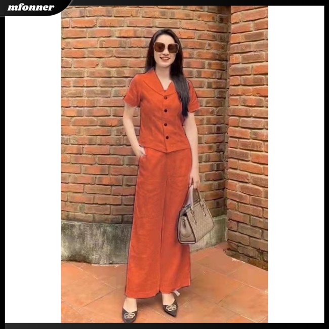 Bộ Trang Phục 2 Mảnh Áo Tay Ngắn Màu Trơn Phối Quần Dài Ống Rộng Thời Trang Cho Nữ