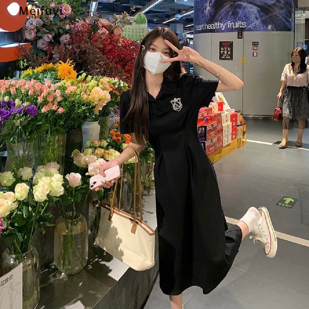 [Meifuyi] Đầm Dáng Chữ A Cổ Bẻ Tay Ngắn Ôm Eo Phong Cách Preppy Thời Trang Mùa Hè Cho Nữ