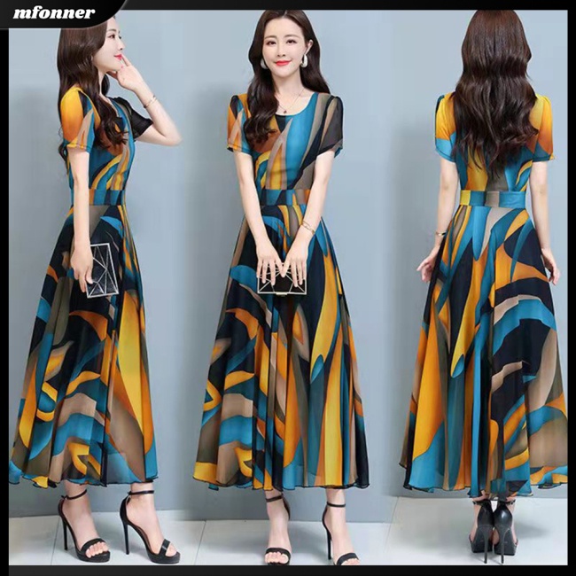 Đầm Lụa Tay Ngắn Dáng Xòe Rộng In Họa Tiết Thời Trang Mùa Hè Xinh Xắn Cho Nữ