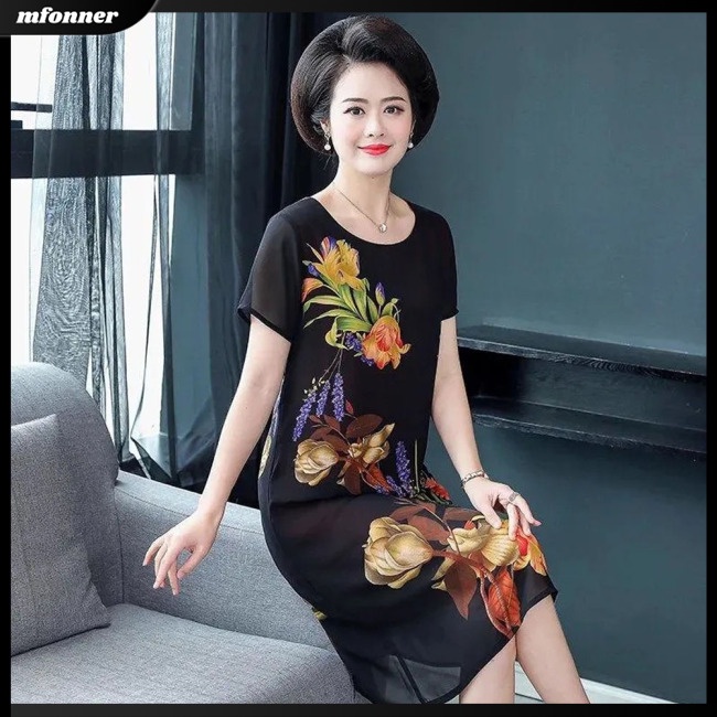 Đầm Tay Ngắn Cổ Tròn Dáng Rộng In Họa Tiết Thời Trang Sang Trọng Cho Phụ Nữ Trung Niên