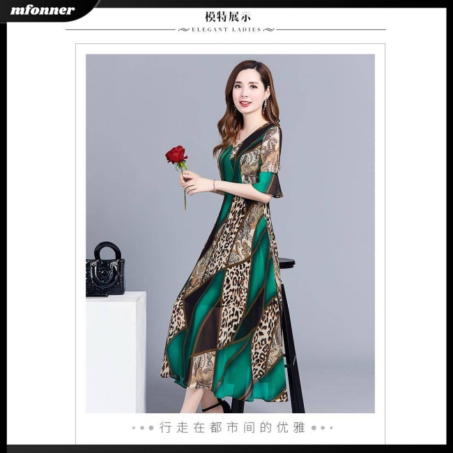 Đầm Midi Giả Lụa Mát Tay Ngắn Cổ Tròn In Họa Tiết Phong Cách Cổ Điển Thời Trang Cho Nữ