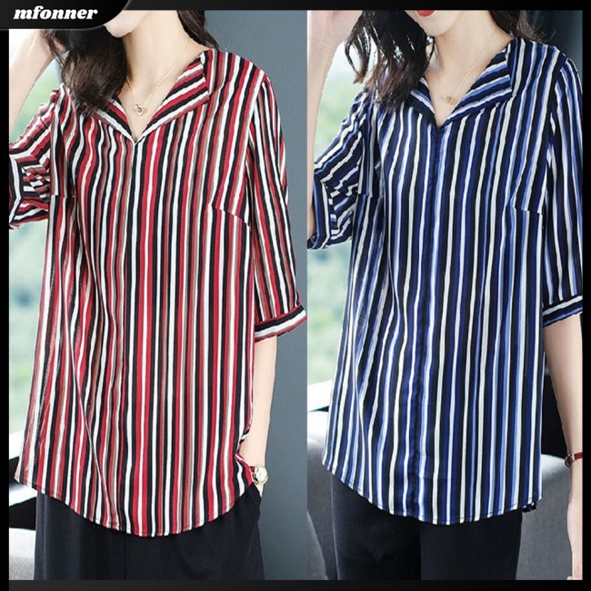 Áo Sơ Mi Chiffon Tay Ngắn Cổ Chữ V Họa Tiết Kẻ Sọc Thời Trang Cho Nữ