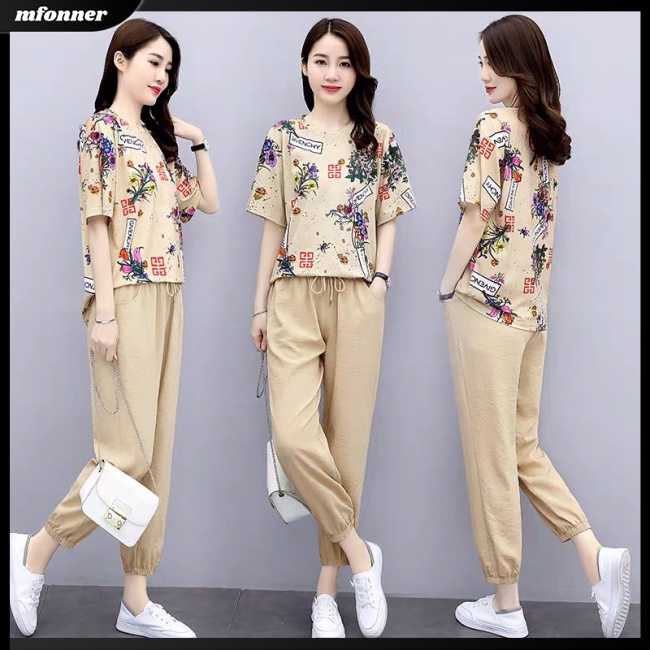 Set Đồ Thời Trang 2 Món Áo Thun Phối Quần Dài In Họa Tiết Thời Trang Xinh Xắn Cho Nữ