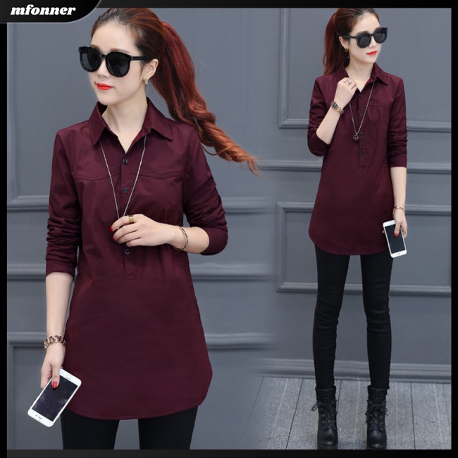 Áo Sơ Mi Tay Dài Dáng Rộng Màu Sắc Đơn Giản Thanh Lịch Cho Nữ