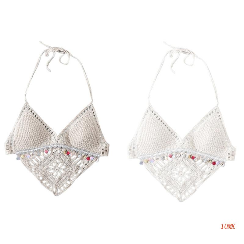 Xiangbao Áo Ngực Crop Top Dệt Kim Khoét Rỗng Phối Tua Rua Kỳ Nghỉ Đi Biển Cho Nữ