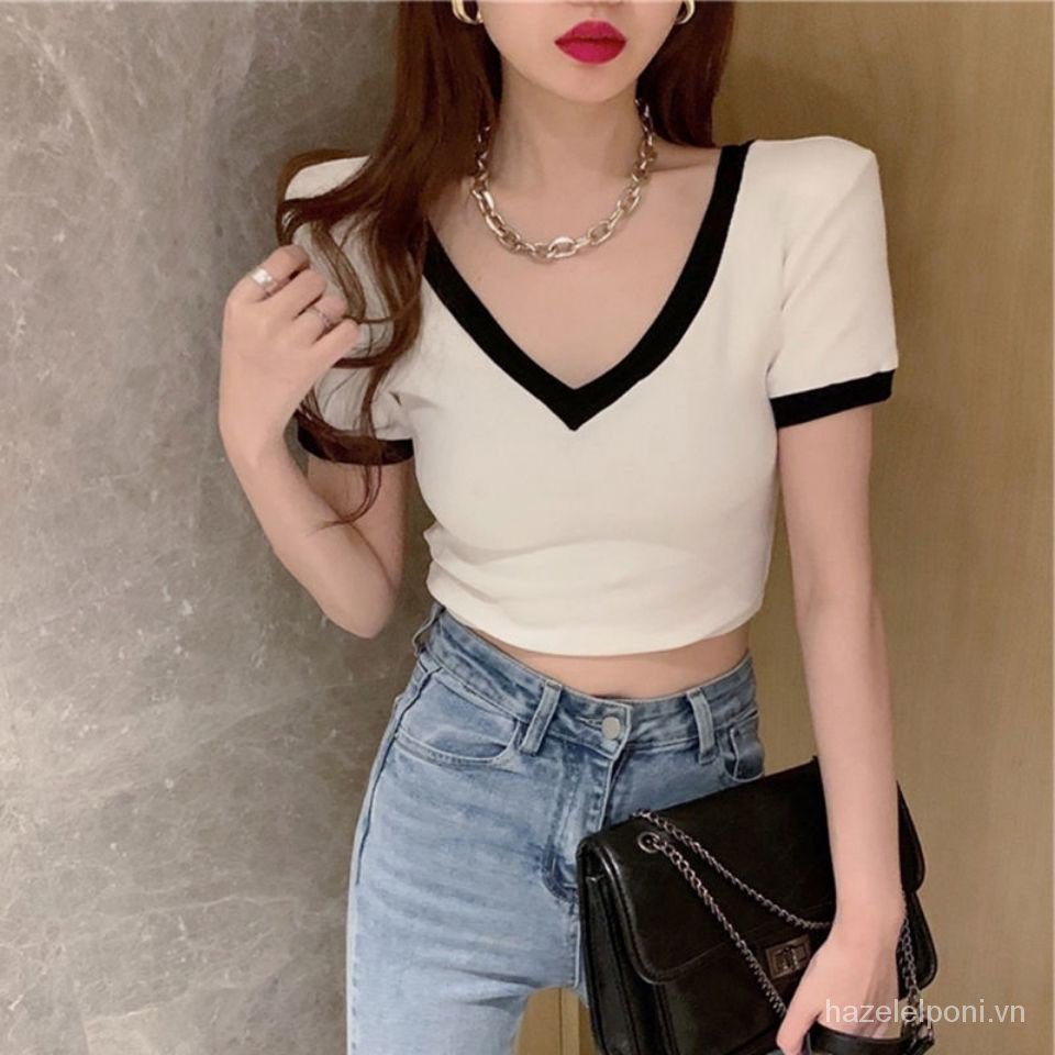Set Áo Thun Ngắn Tay Cổ Chữ V + Quần Dài Lưng Cao Phong Cách Hàn Quốc Thời Trang Cho Nữ