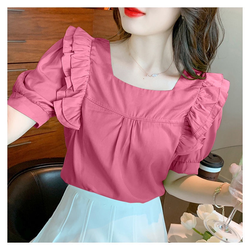 Áo Kiểu Tay Ngắn Cổ Vuông Màu Trơn Thời Trang Mùa Hè Xinh Xắn Cho Nữ