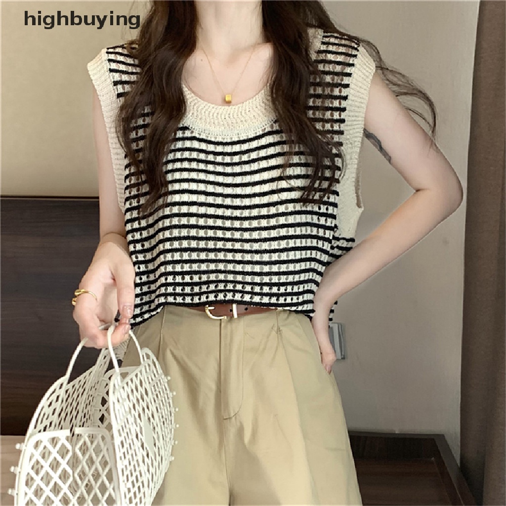 Áo Dệt Kim Không Tay Dáng Rộng Họa Tiết Kẻ Sọc Thời Trang Mùa Hè Cho Nữ
