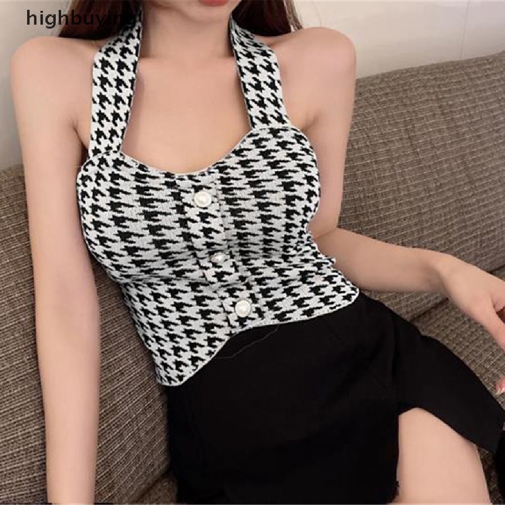 Áo Hai Dây Họa Tiết Houndstooth Vintage Quyến Rũ Cho Nữ