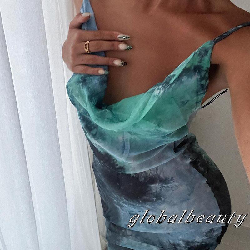 Đầm Dài Hai Dây Cổ Chữ V Họa Tiết Màu Nhuộm Ôm Dáng Gợi Cảm Cho Nữ