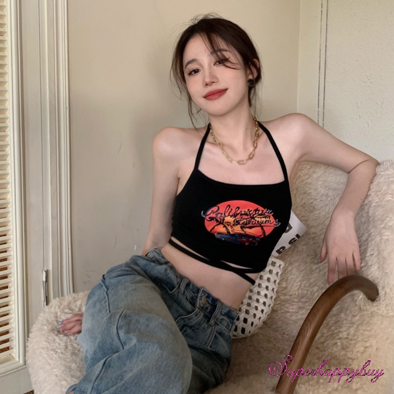 Áo Yếm Lửng Hai Dây Có Đệm Ngực In Họa Tiết Phong Cách Mỹ Dành Cho Nữ