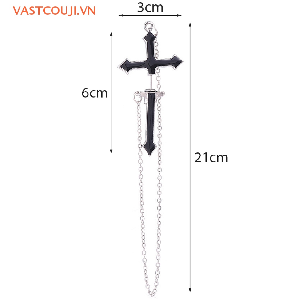 Khuyên Tai Chuỗi Dài Mặt Thánh Giá Màu Đen Phong Cách Vintage