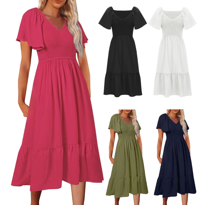 Đầm Dài Lưng Cao Co Giãn Màu Trơn Nhún Bèo Xinh Xắn