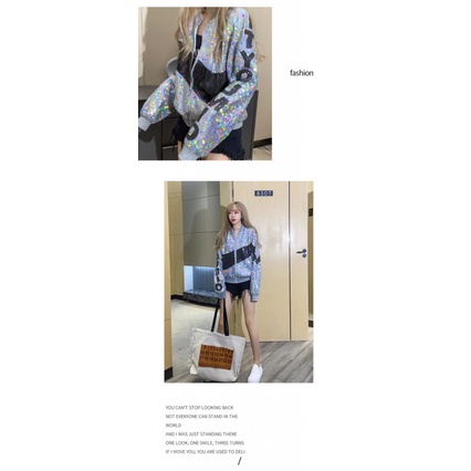 Áo Khoác Bóng Chày Dáng Rộng Đính Kim Sa Màu Bạc Thời Trang Xuân Thu 2023 Phong Cách Hàn Quốc Mới