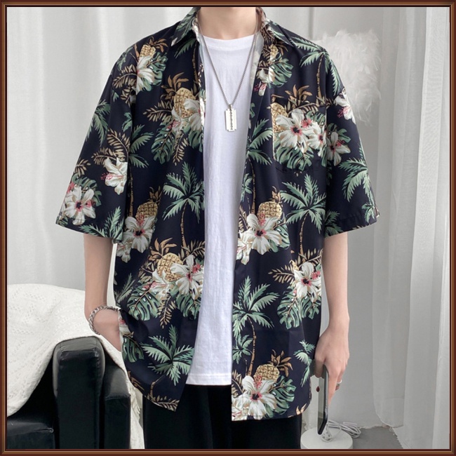 Áo Sơ Mi Cotton Pha Ngắn Tay In Họa Tiết Hoa Phong Cách Retro Hawaii Cho Nam
