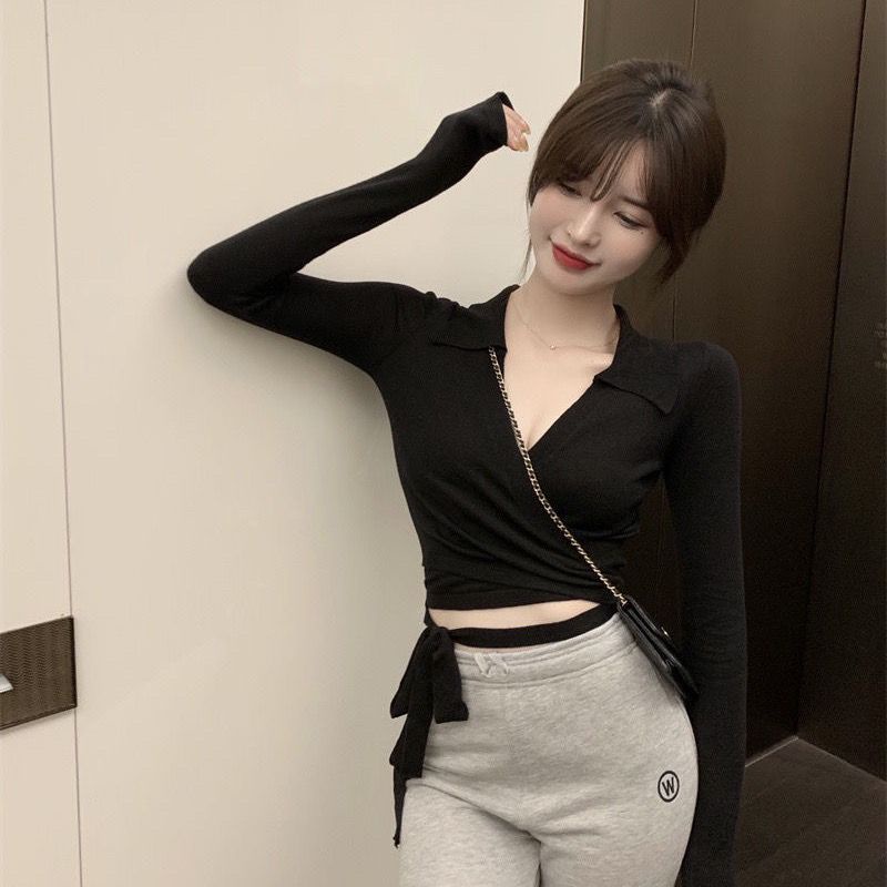 Áo Thun Dệt Kim Cổ polo Tay Dài Ôm Dáng Thời Trang Mùa Thu 2021 Phong Cách Mới Cho Nữ