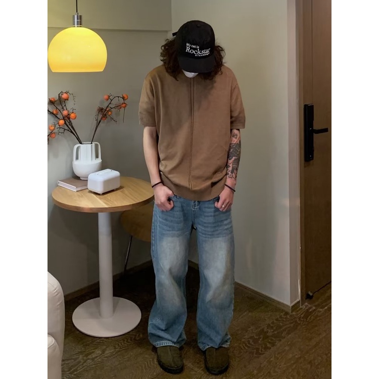 Áo Thun Dệt Kim Ngắn Tay Cổ Tròn Thiết Kế Đơn Giản Thời Trang Cho Nam