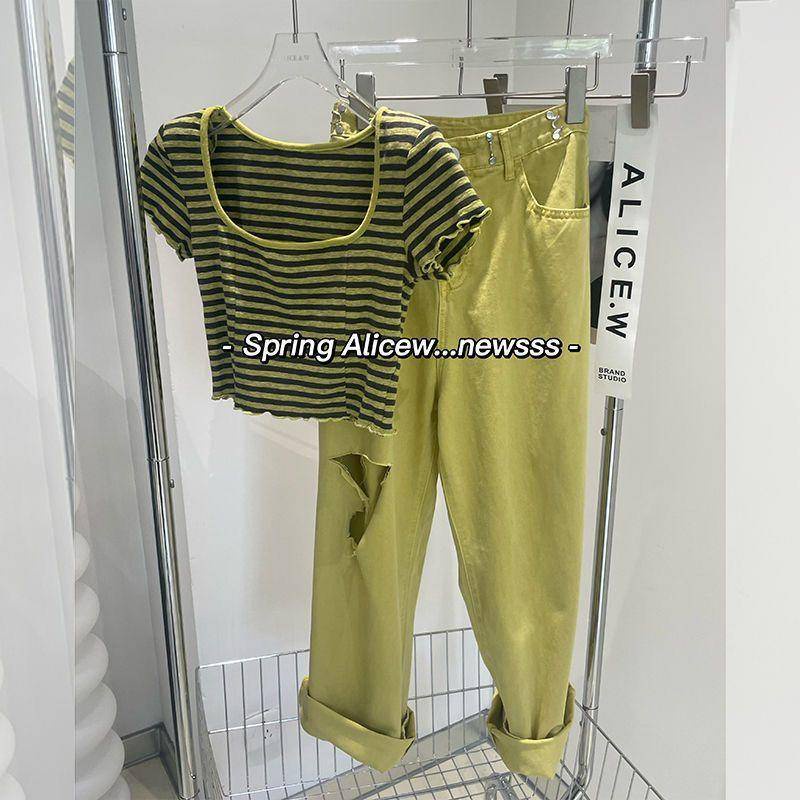 Set Áo Thun Ngắn Tay Kẻ Sọc Ngang Và Quần Short Denim Thời Trang Mùa Hè Mới Cho Nữ