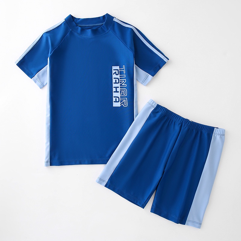 Bộ Đồ Bơi 2 Mảnh Gồm Áo Tay Ngắn Và Quần Ngắn Nhanh Khô Màu Xanh Dương 120-150cm Cho Bé Trai