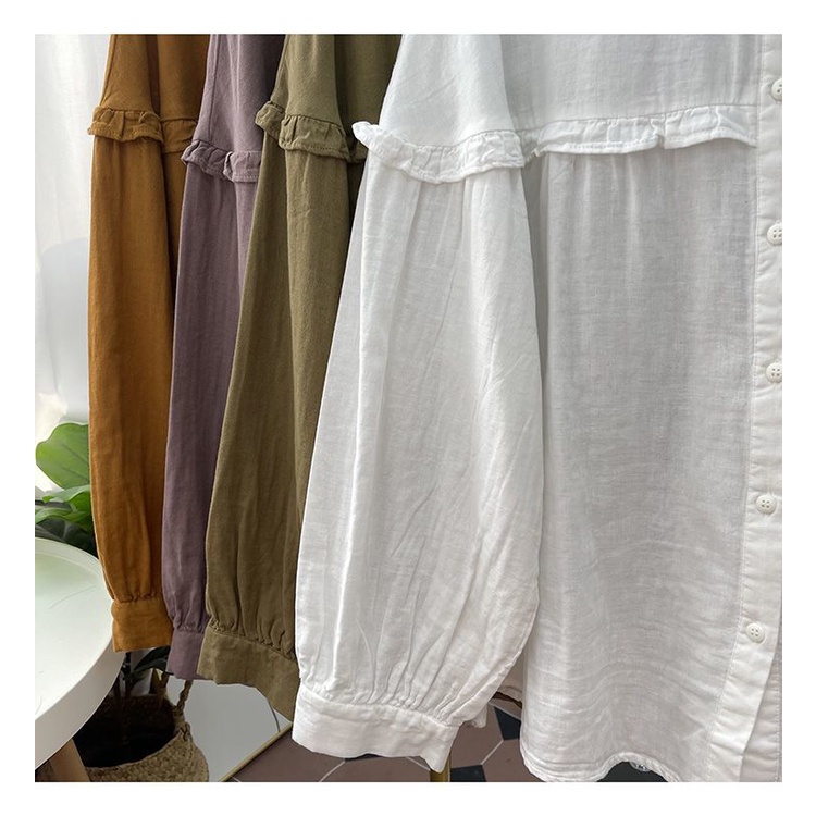 Áo Sơ Mi Cotton Lanh Tay Phồng Dài Cổ Bèo Thời Trang Xuân Thu Dành Cho Nữ