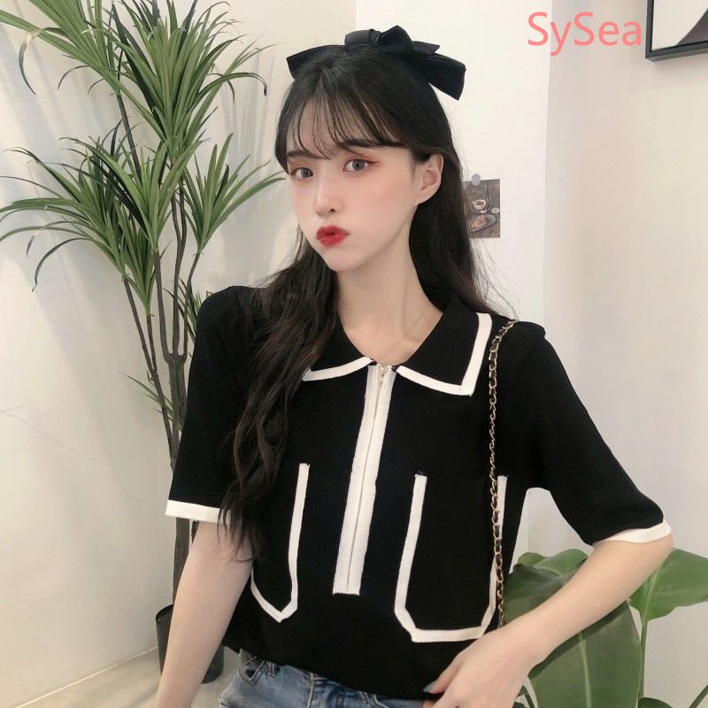 Áo Dệt Kim Phối Khóa Kéo Phong Cách Retro Hàn Quốc Cho Nữ