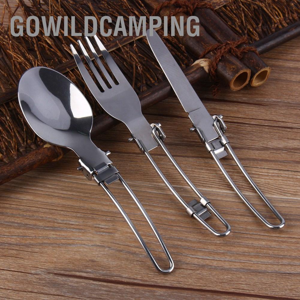 GoWildCamping Cắm Trại Dã Ngoại Di Động Bằng Thép Không Gỉ Bộ Dao Kéo Gấp Muỗng Nĩa + Túi