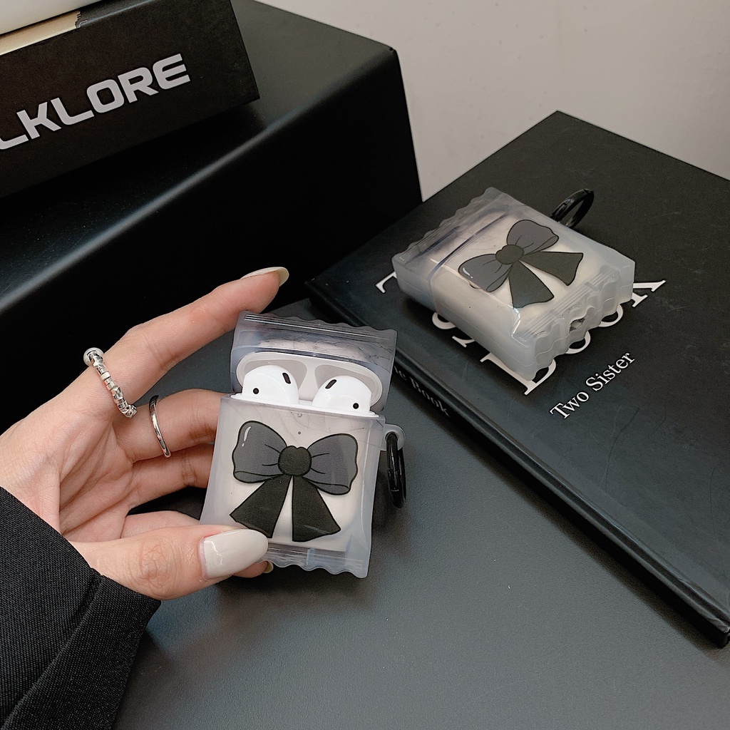 Vỏ Bảo Vệ Hộp Sạc Tai nghe không dây Airpods 1 / 2 3 Pro2 gen2022 Bằng Silicon Tpu Mềm Chống Trầy Hình Nơ Đen 3D