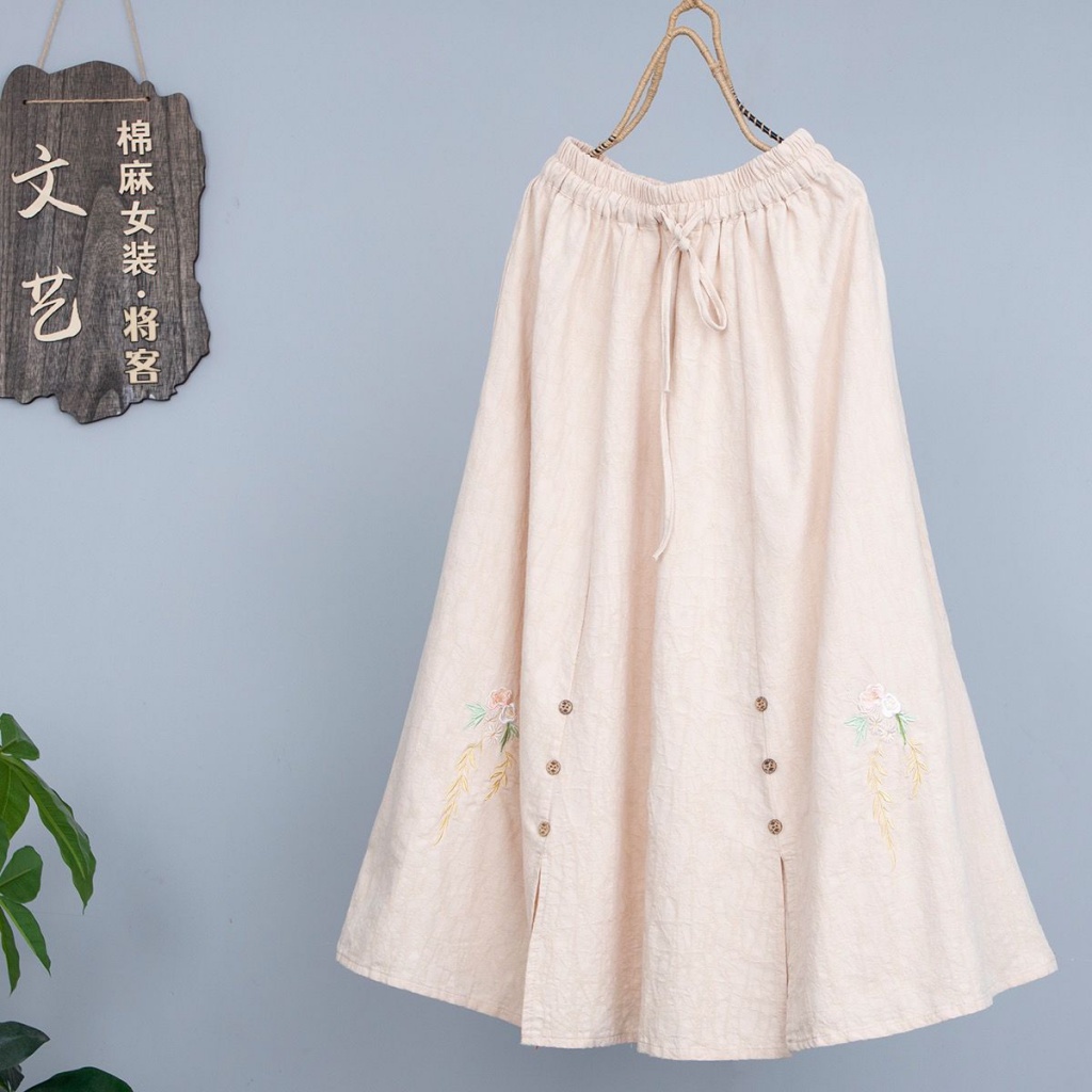 Chân Váy Chữ a Vải Lanh Cotton Mỏng Lưng Thun Cao Thêu Họa Tiết Thời Trang Mùa Hè Hàng Mới 2023