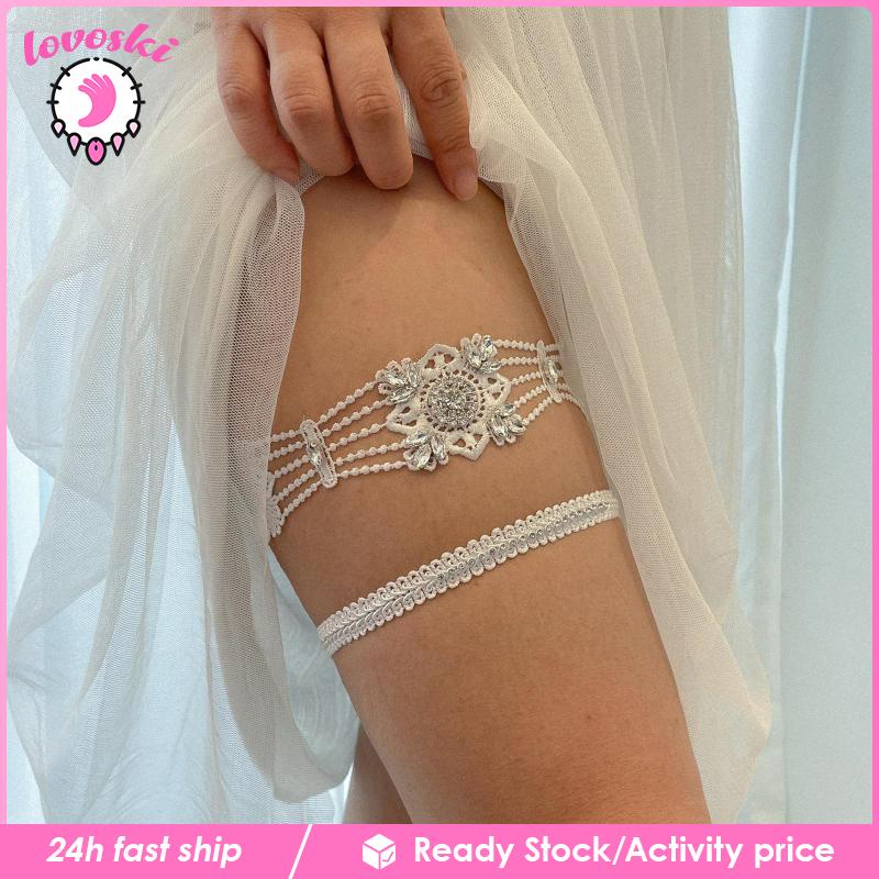 Set 2 Đai Nịt Bít Tất Ren Đính Đá Cho Cô Dâu