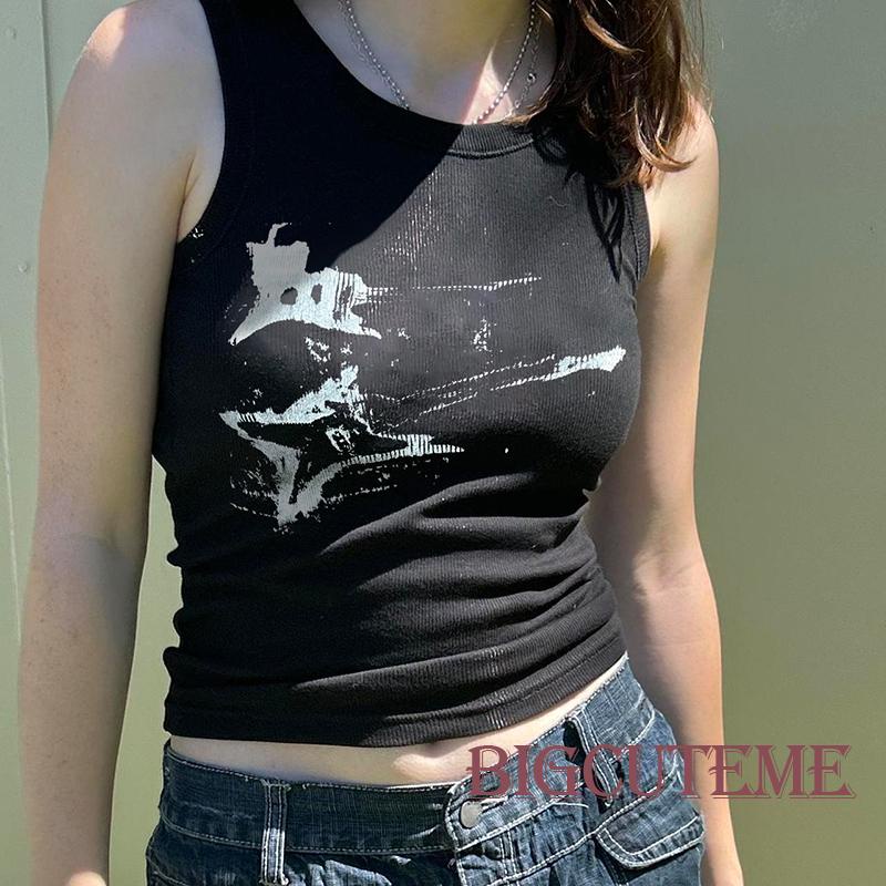 Áo Croptop Dệt Kim Sát Nách In Họa Tiết Guitar Thời Trang Mùa Hè Cho Nữ