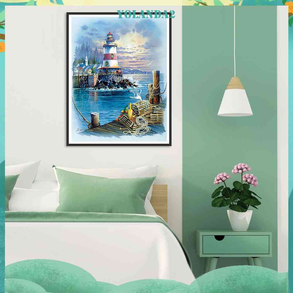 Tranh Thêu Trang Trí Thủ Công 5D Hình Ngọn Hải Đăng Biển (Mũi Thêu Hình X
