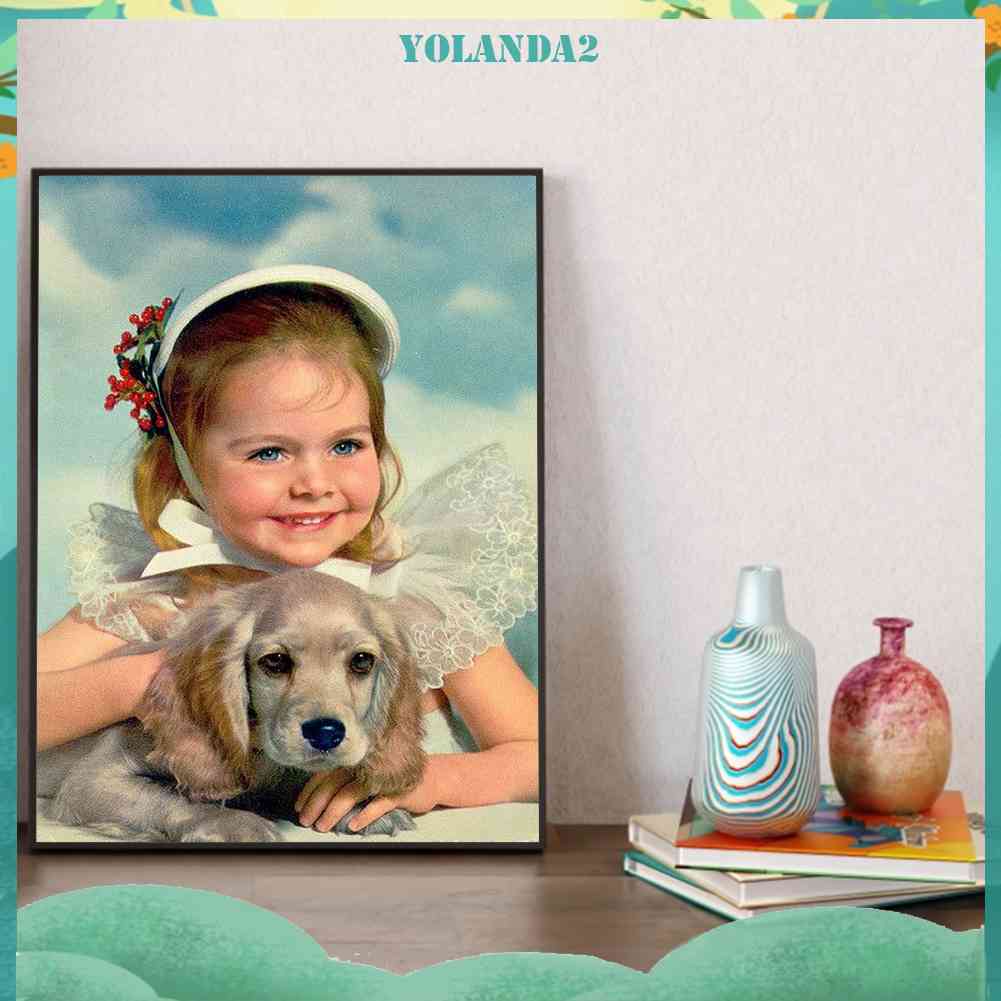 Tranh Đính Đá Kim Cương Toàn Bộ 5D DIY Hình Vẽ Chó Bé Gái Trang Trí Tường