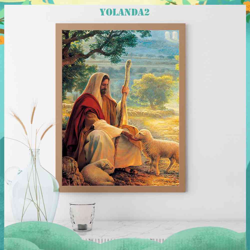 Tranh Đính Đá Kim Cương Toàn Bộ 5D DIY Hình Chúa Jesus Và Cừu