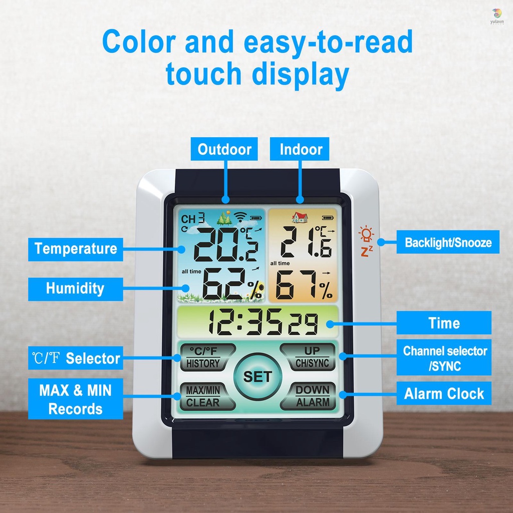 Máy Đo Nhiệt Độ Và Độ Ẩm Màn Hình Cảm Ứng Có Đèn Nền Nhiều Màu Sắc Đa Năng Để Bàn °C °F Phụ Kiện Chuyên Dụng Dành Cho Xe Hơi